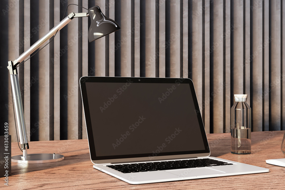 Poster Close up of creative wooden designer office desktop with empty mock up laptop screen and other items. Decorative wall in the background. 3D Rendering.