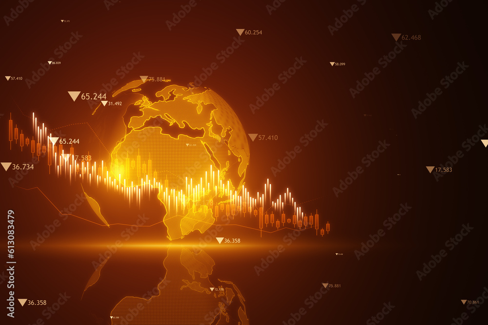 Poster falling down red financial chart background, global crisis concept. 3d rendering