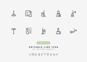 Cleaning Service Includes Squeegee, Window Spray, Mop Bucket, Maid, and Vacuum Cleaner. Line Icons Set. Editable Stroke Vector Stock. 96 x 96 Pixel Perfect.