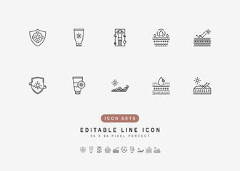 Sun Protection Includes UV Shield, Sunscreen Container, Sunbathing and Skin Moisture. Line Icons Set. Editable Stroke Vector Stock. 96 x 96 Pixel Perfect.