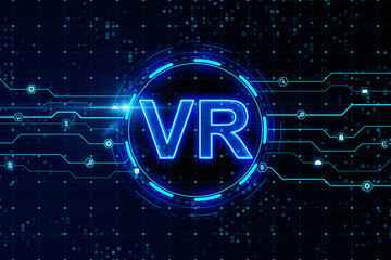 VR neon style banner on dark blue background with microcircuit. 3D Rendering