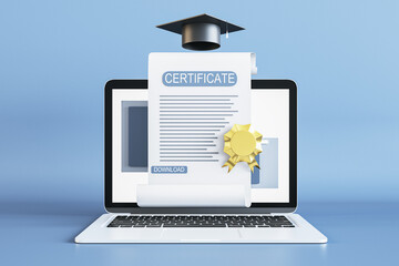 E-learning platform and online courses concept with front view on qualification certificate with golden seal, black graduation cap and modern laptop on blue background. 3D rendering