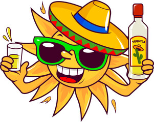 A cartoon summer sun with a sombrero and sunglasses, drinking a shot of tequila. Vector illustration