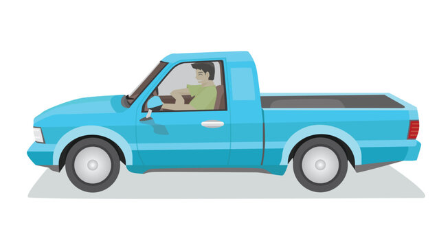 Concept vector illustration of detailed side of a flat blue pickup car. with shadow of car. Can view interior of car with driver. Isolated white background.
