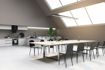 Clean loft kitchen interior with window and daylight, concrete flooring, furniture and dining table. 3D Rendering.