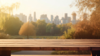 Empty Wooden Table in City Park with blurred background, Generative AI	