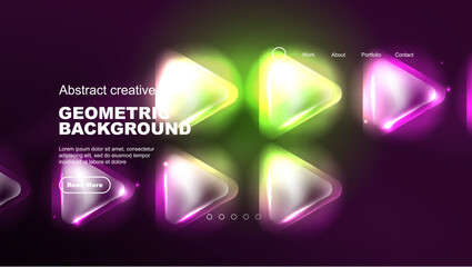 Abstract background landing page, glass geometric shapes with glowing neon light reflections, energy effect concept on glossy forms