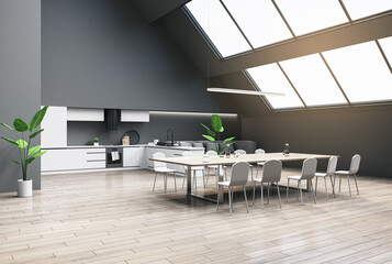 New loft kitchen interior with window and daylight, wooden flooring, furniture and dining table. 3D Rendering.