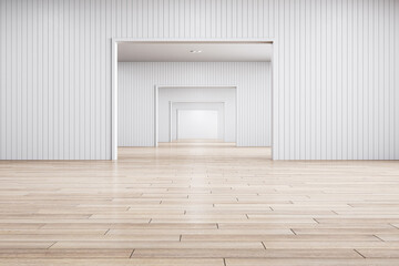 Modern light interior with multiple arches, concrete wall and wooden parquet flooring. 3D Rendering.