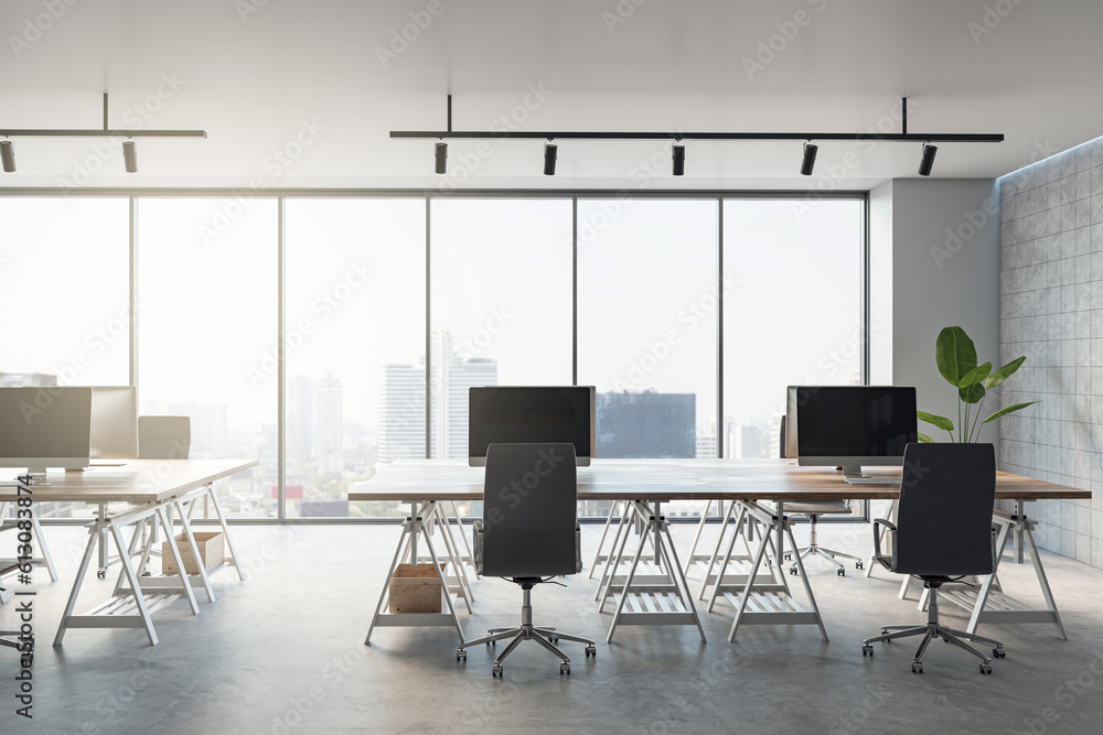 Poster front view of modern sunny office interior with big window and desks with computers. 3d rendering
