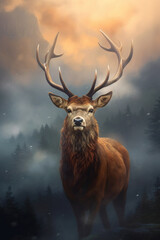 Gorgeous deer in the morning fog. Stunning photorealistic art generated by Ai. Is not based on any specific real image or character