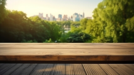 Empty Wooden Table in City Park with blurred background, Generative AI	