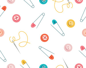 Vector seamless pattern using sewing tools. Illustration of safety pins, needles and buttons. Vector illustration in a flat style