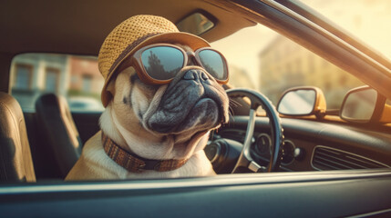 A cool French Bulldog dog wearing sunglasses enjoys a stylish ride in the car, embodying the spirit of travel and adventure with undeniable swag. generated ai.