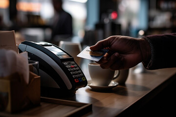 Closeup of customer paying with card in a café