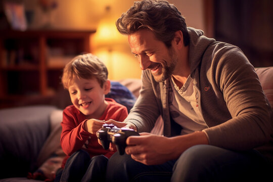 Candid moment of father and young son playing video games together and laughing