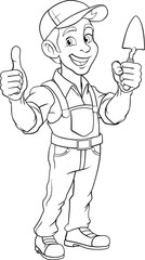 A bricklayer handyman cartoon construction mascot character man holding a trowel tool