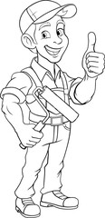 A painter decorator handyman cartoon construction man mascot character holding a paint roller tool