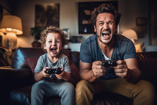 Candid moment of father and young son playing video games together and laughing