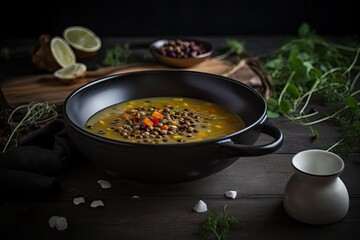 Lentils Soup, Lentil Meal in Bowl, Red Tomato Creamy Lentils Soup, Abstract Generative AI Illustration