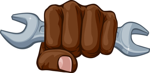 A fist hand holding a wrench or spanner in a comic book pop art cartoon illustration style.