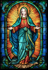 Colorful stained glass of Mary, AI generated © Frédéric Prochasson