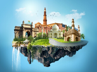 Collage of India monuments heritage sites landmarks and tours and travel destinations.