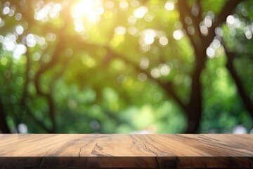 Tabletop with open space. Empty wooden table on abstract blur natural green forest background