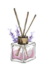 Aroma diffuser for home. Transparent bottle of essential organic perfume oil in purple color with sticks and branches of lavender. Hand drawn watercolor painting isolated on white background