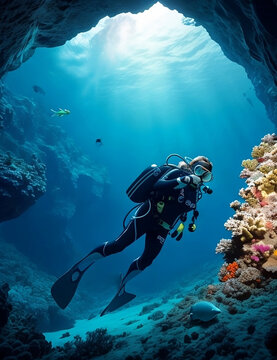 scuba diver and reef. Explore the mesmerizing beauty of deep-sea caverns and encounter unique marine life and stunning geological formations in this captivating underwater exploration image