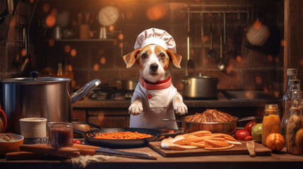 A skilled Jack Russell Terrier dog chef in the kitchen, passionately preparing food, showcasing culinary expertise generated ai.