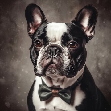 French Bulldog, wearing a Bow Tie, Oil painting, AI generated image