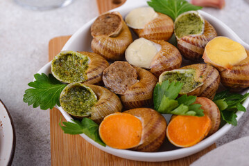 Baked snails Escargot with bread