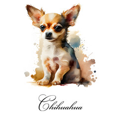 Watercolor illustration of a single dog breed chihuahua. AI generated. Dog portrait.