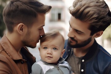 Happy gay couple with baby. LGBTQ family and relationship. Diversity, homosexuality. Partners with non-traditional sexual orientation. Sensual moment. Same sex couple having child. Generative AI.