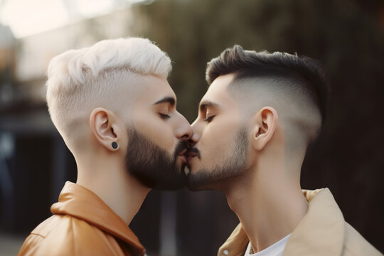 Two young men spending time together, kissing. LGBT, gay couple, relationship. Diversity, homosexuality. Partners with non-traditional sexual orientation. Sensual moment. Generative AI.