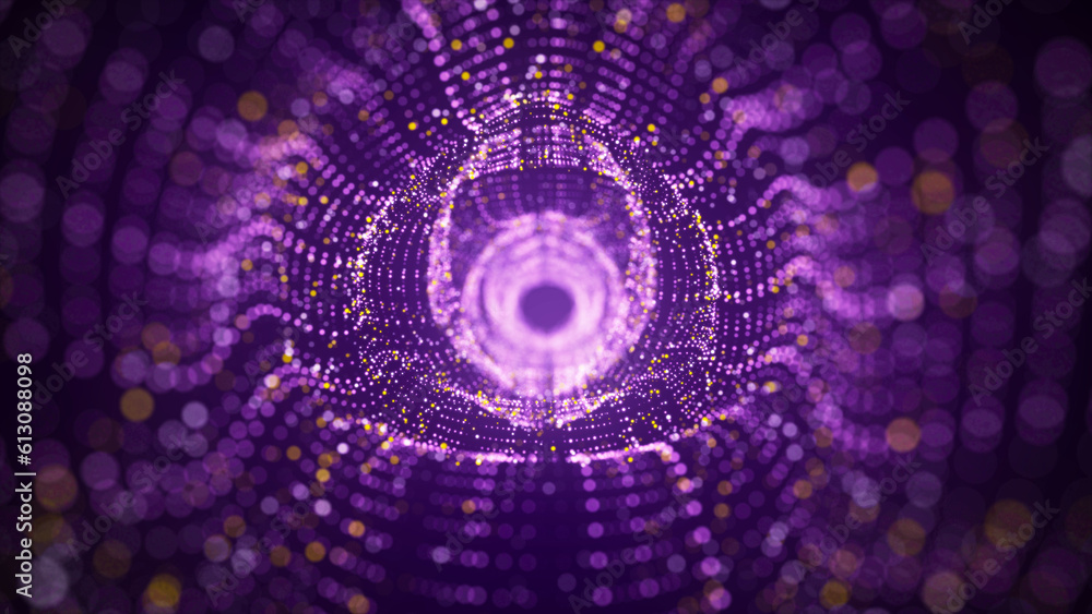 Poster futuristic dynamic wireframe tunnel on purple background. digital data flow. progressive it technolo