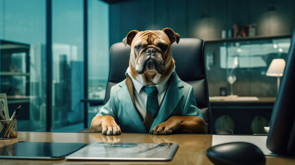 The dog is dressed in a businessman costume, cool and stylish, an employee in the office, a boss, a successful manager, caricature, humor. French Bulldog generated ai.
