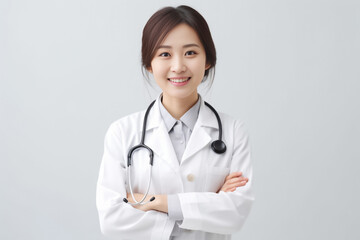 Confident Japanese young doctor woman in a medical uniform stands before a white background, illuminated by studio lights. generative AI.