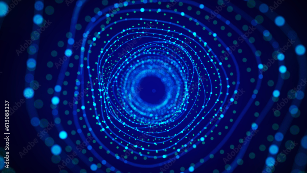 Poster futuristic dynamic wireframe tunnel on blue background. digital data flow. progressive it technologi