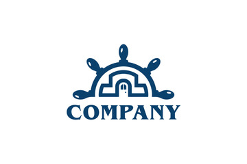 Creative logo design depicting a house as a ship steering wheel,designated to the real estate industry.