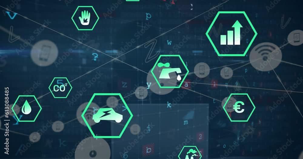 Poster animation of digital icons and cyber security data processing against male hacker using a laptop