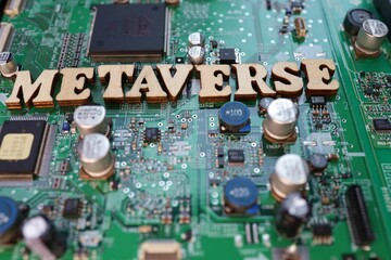 Metaverse characters and motherboards. Theme: Metaverse and high technology such as semiconductors.
