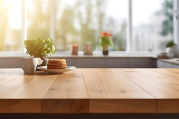 wood tabletop with blurry kitchen background, mockup for product display, generative ai