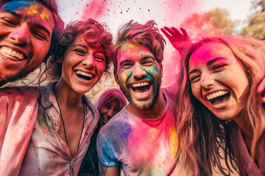 Group of friends celebrating a Holi party
