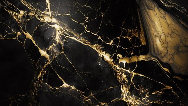 Luxury Black Marble stone with gold lines background texture. Slow panoramic camera motion, macro with deep focus (blur). High detailed 4K video.  Pattern texture surface panning background. 