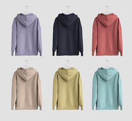 Mockup of colorful long hoodies on hanger, unisex longsleeve for design, brand, pattern, commerce, back view. Set