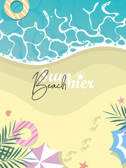 Fototapeta na wymiar Summer travel flyers with beach items and wave. Top view. Vector illustration. Tropical beach poster. Vector illustration.