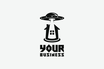 Creative logo design depicting a house with an ufo above it,designated to the real estate industry.