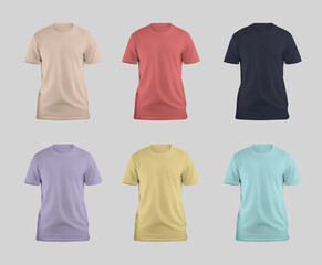 Mockup of bright t-shirts 3D rendering, fashion unisex clothes isolated on background, front. Set